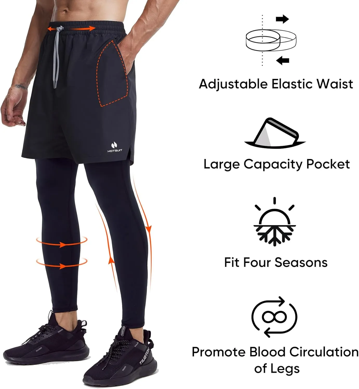 HOTSUIT New Released Stretch Compression Running Pants Men Compression Leggings 2 in 1 Black Running Tights with Pockets