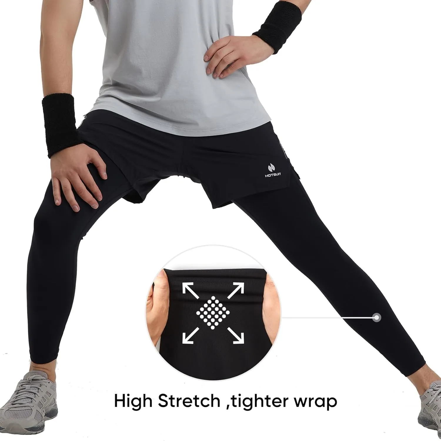 HOTSUIT New Released Stretch Compression Running Pants Men Compression Leggings 2 in 1 Black Running Tights with Pockets
