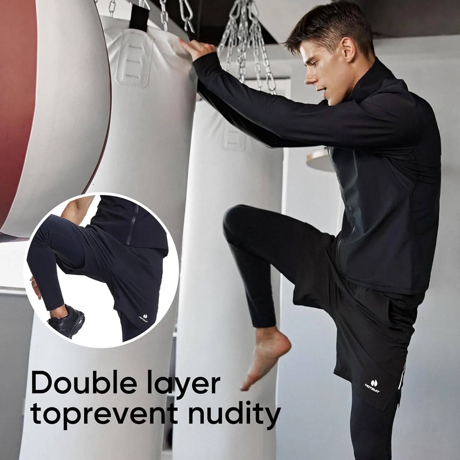 HOTSUIT New Released Stretch Compression Running Pants Men Compression Leggings 2 in 1 Black Running Tights with Pockets