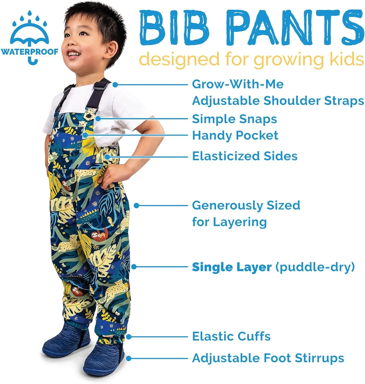 JAN & JUL Waterproof Rain Bib Pants, Overalls for Toddlers and Kids