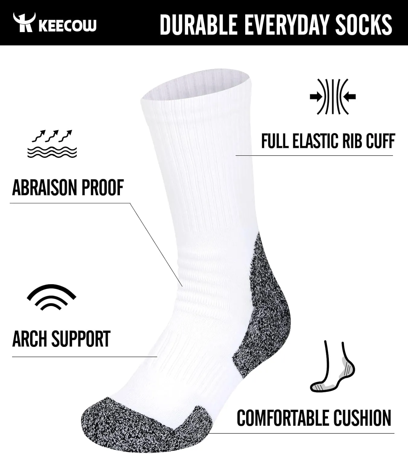 KEECOW Men's Crew Socks Women, Athletic, Cushioned, Working Hiking Running, Multipairs