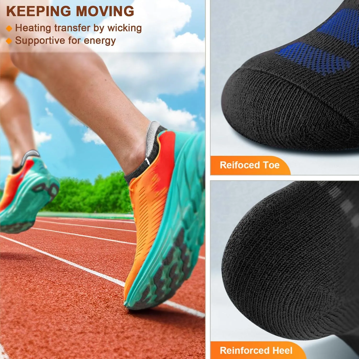 KEMISANT Mens Running Socks 6 Pairs-Athletic Compression Ankle Socks Cushioned for Men Walking-Arch Compression Support