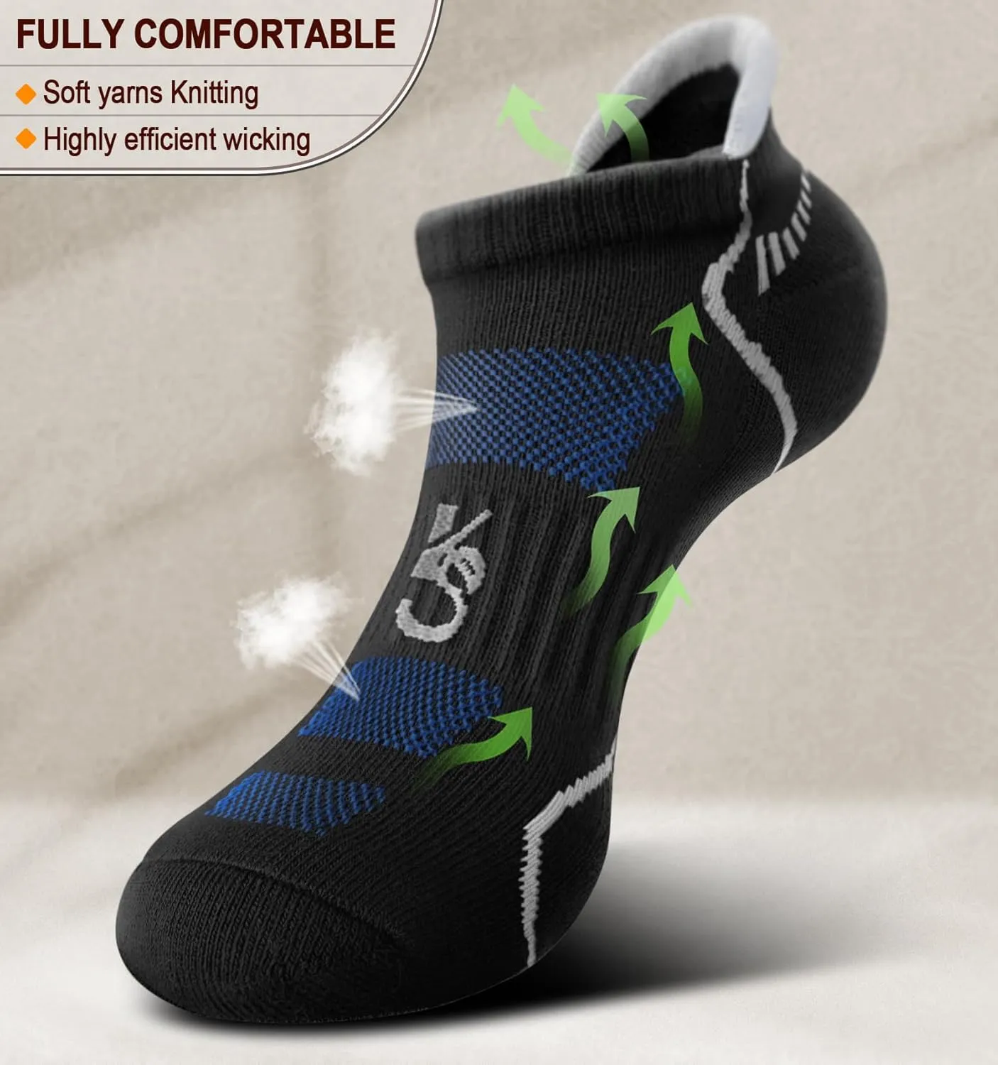 KEMISANT Mens Running Socks 6 Pairs-Athletic Compression Ankle Socks Cushioned for Men Walking-Arch Compression Support