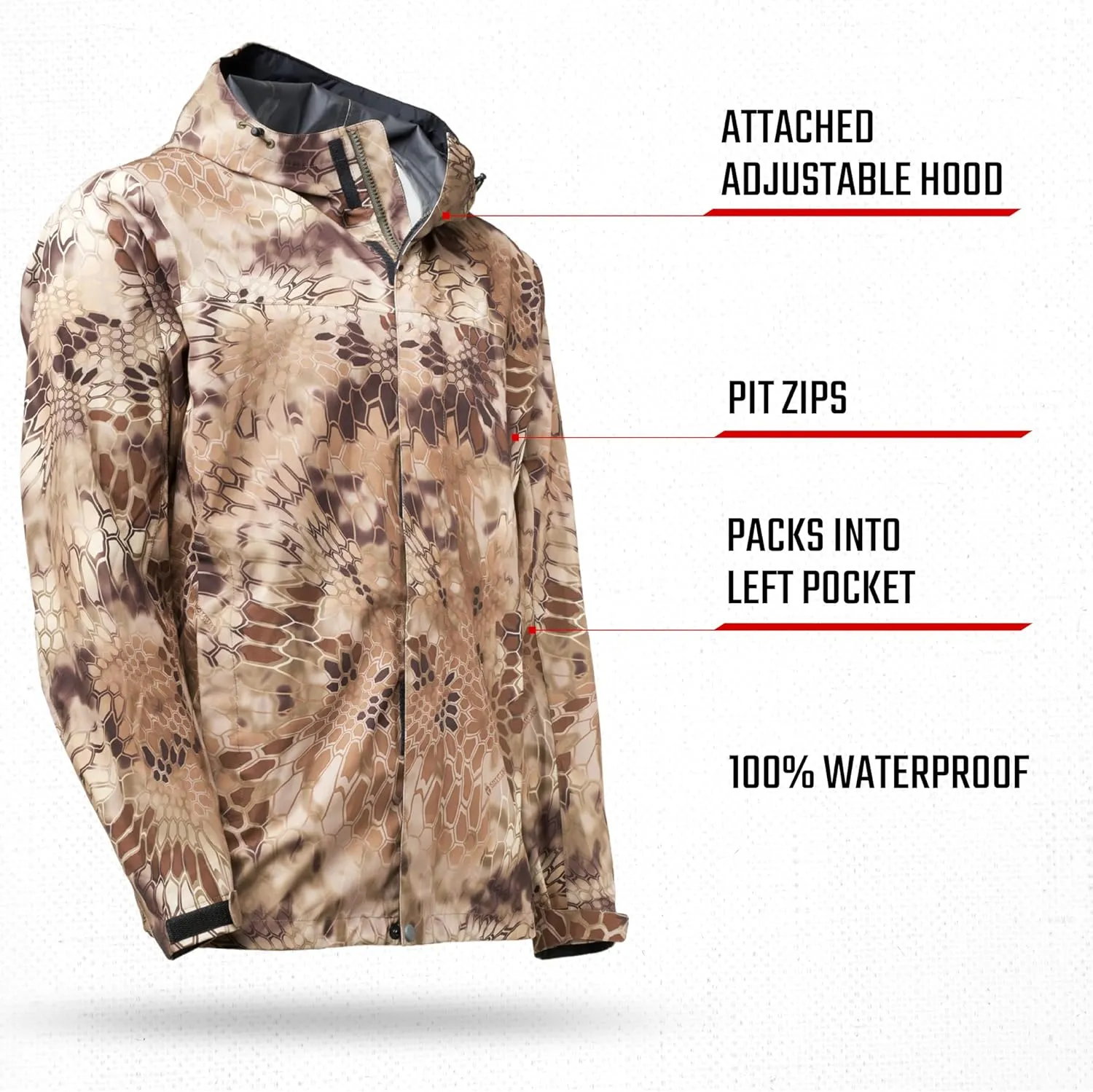 Kryptek Mens Jupiter Waterproof, Breathable, Packable Camo Hunting Jacket