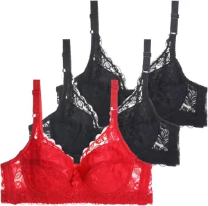 Lace Bras for Women 3 Pack Floral Printed Bow Underwire Gather Push Up Bras Sexy Padded Full Coverage Lined Comfort Bralettes