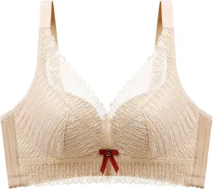 Lace Wireless Bra for Women with Bow Adjustable Straps Comfort Fit Anti Sagging Bra