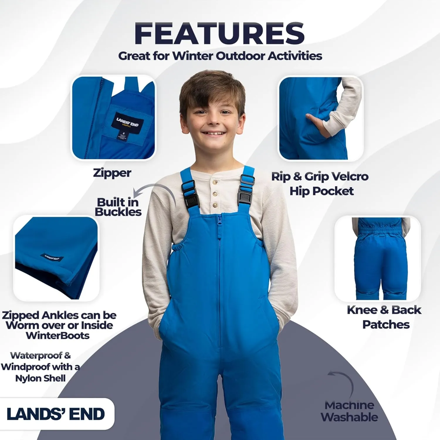 Lands' End Kids Squall Waterproof Iron Knee Bib Snow Pants