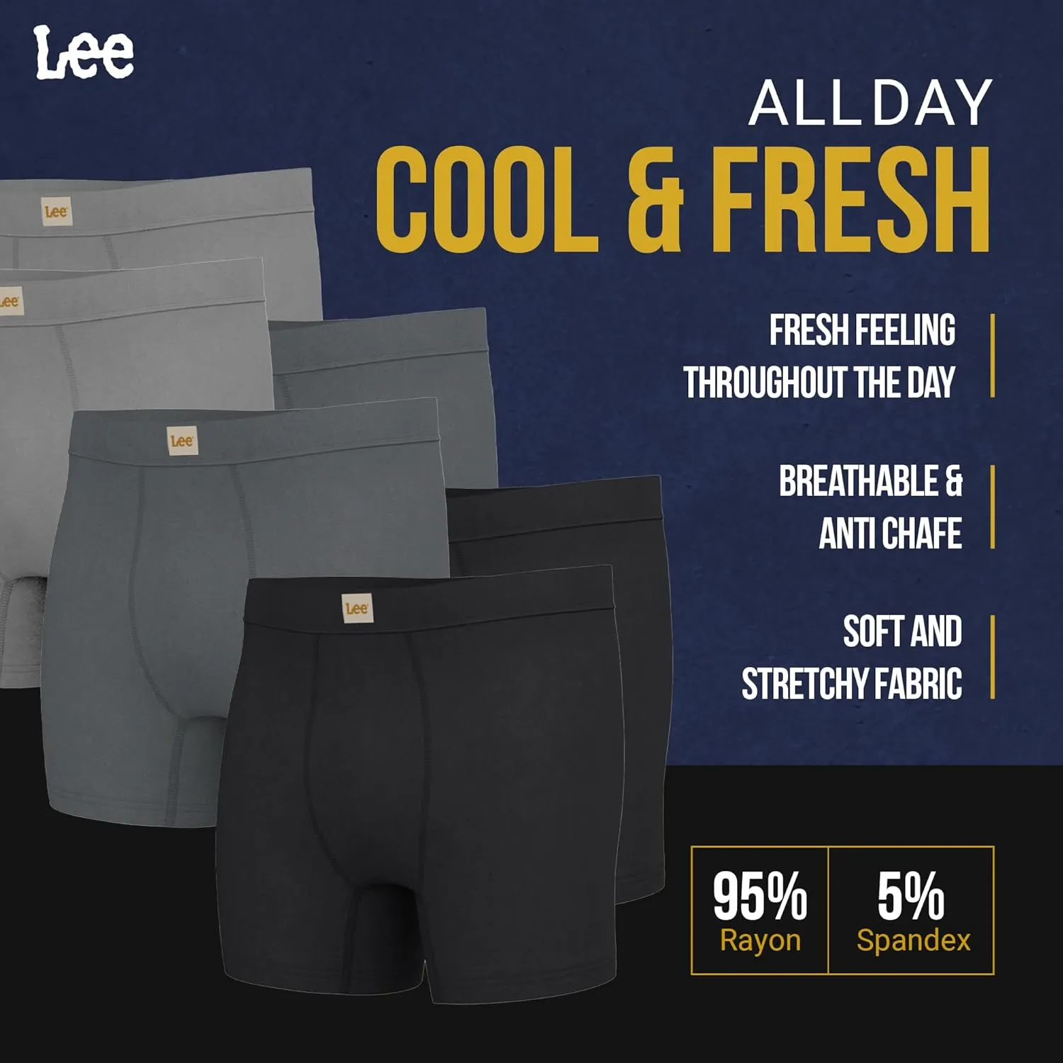 Lee Mens Boxer Briefs - Soft Cooling Mens Underwear, Moisture Wicking Breathable, Mutipack