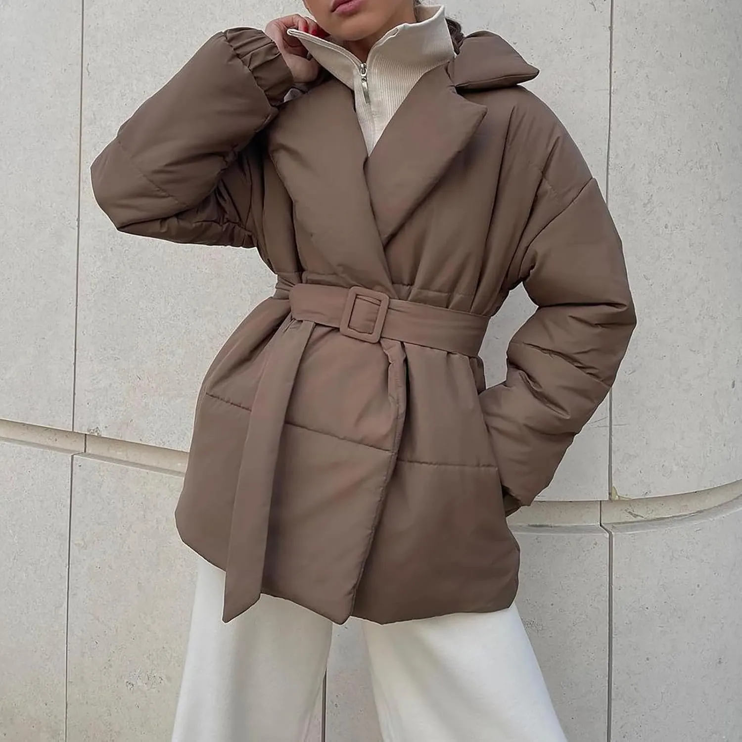 Lightweight Puffer Jacket Women Collared Trendy Puffer Coat Padded Lightweight Quilted Jackets with Belt Casual