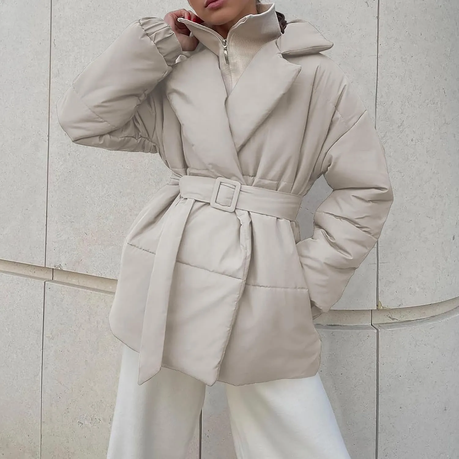 Lightweight Puffer Jacket Women Collared Trendy Puffer Coat Padded Lightweight Quilted Jackets with Belt Casual