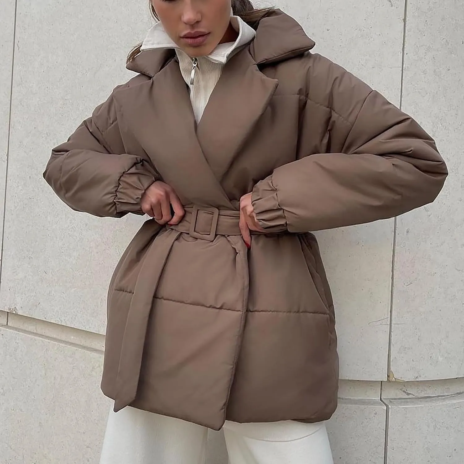 Lightweight Puffer Jacket Women Collared Trendy Puffer Coat Padded Lightweight Quilted Jackets with Belt Casual