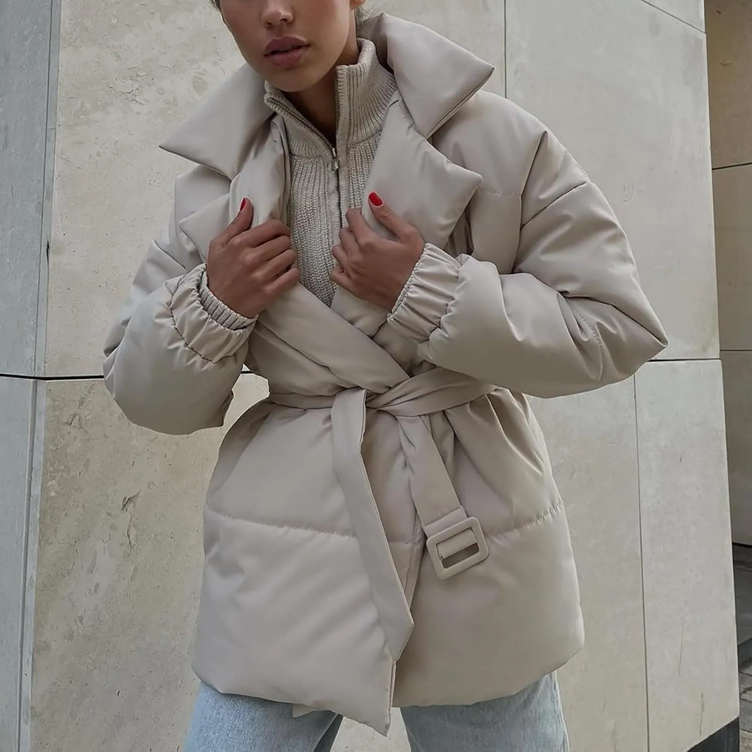Lightweight Puffer Jacket Women Collared Trendy Puffer Coat Padded Lightweight Quilted Jackets with Belt Casual