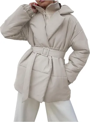 Lightweight Puffer Jacket Women Collared Trendy Puffer Coat Padded Lightweight Quilted Jackets with Belt Casual