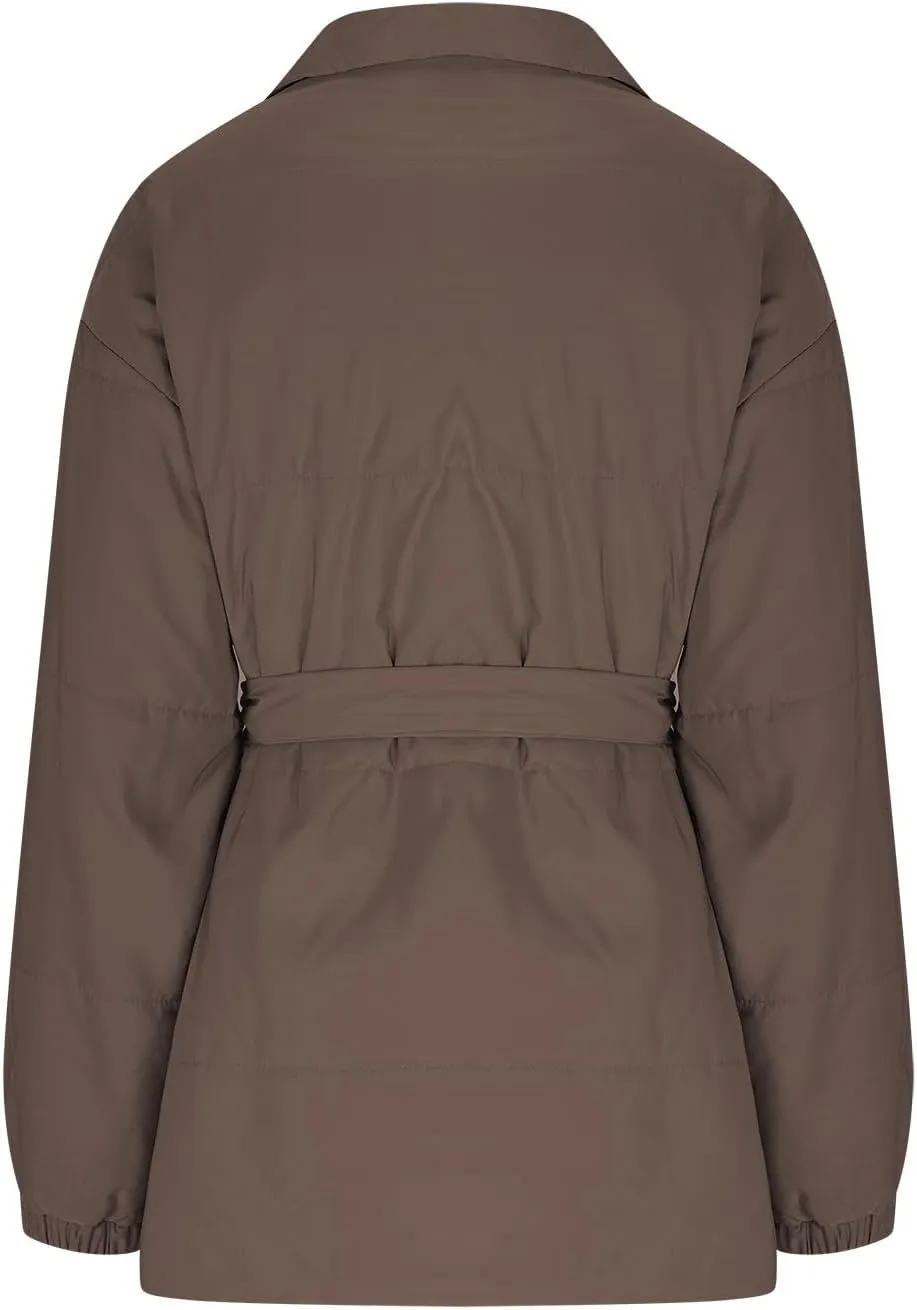 Lightweight Puffer Jacket Women Collared Trendy Puffer Coat Padded Lightweight Quilted Jackets with Belt Casual