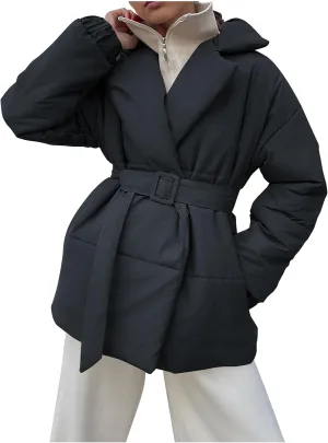 Lightweight Puffer Jacket Women Collared Trendy Puffer Coat Padded Lightweight Quilted Jackets with Belt Casual