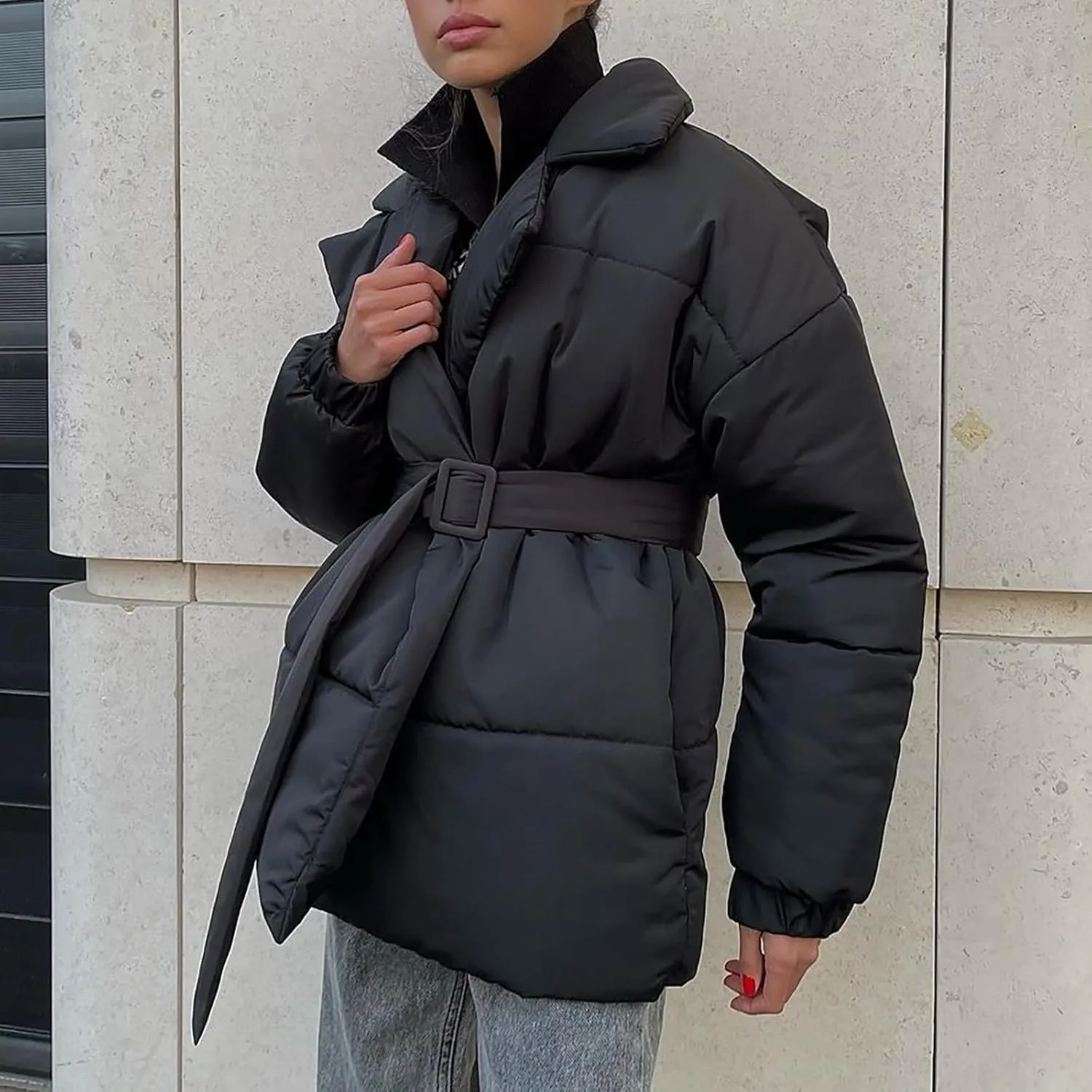 Lightweight Puffer Jacket Women Collared Trendy Puffer Coat Padded Lightweight Quilted Jackets with Belt Casual