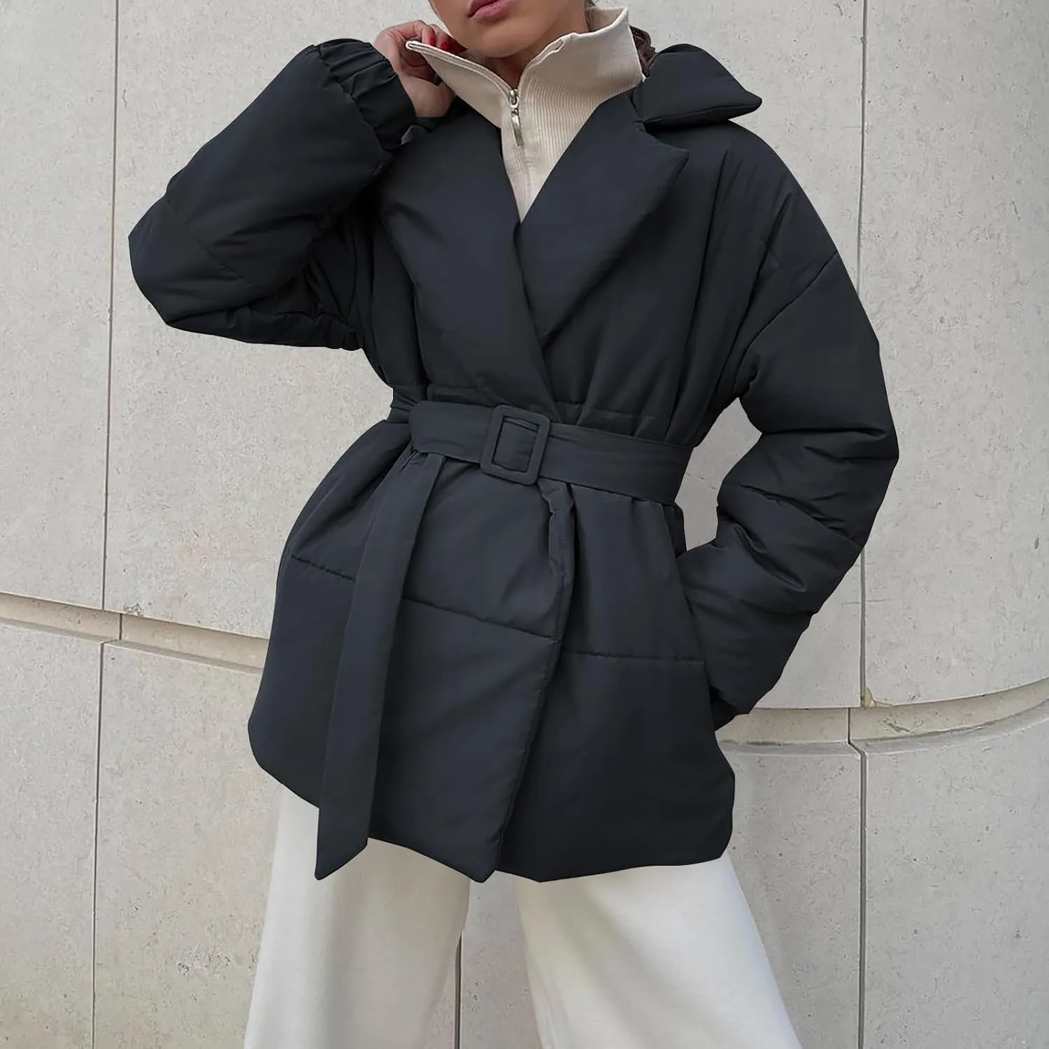 Lightweight Puffer Jacket Women Collared Trendy Puffer Coat Padded Lightweight Quilted Jackets with Belt Casual