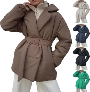 Lightweight Puffer Jacket Women Collared Trendy Puffer Coat Padded Lightweight Quilted Jackets with Belt Casual