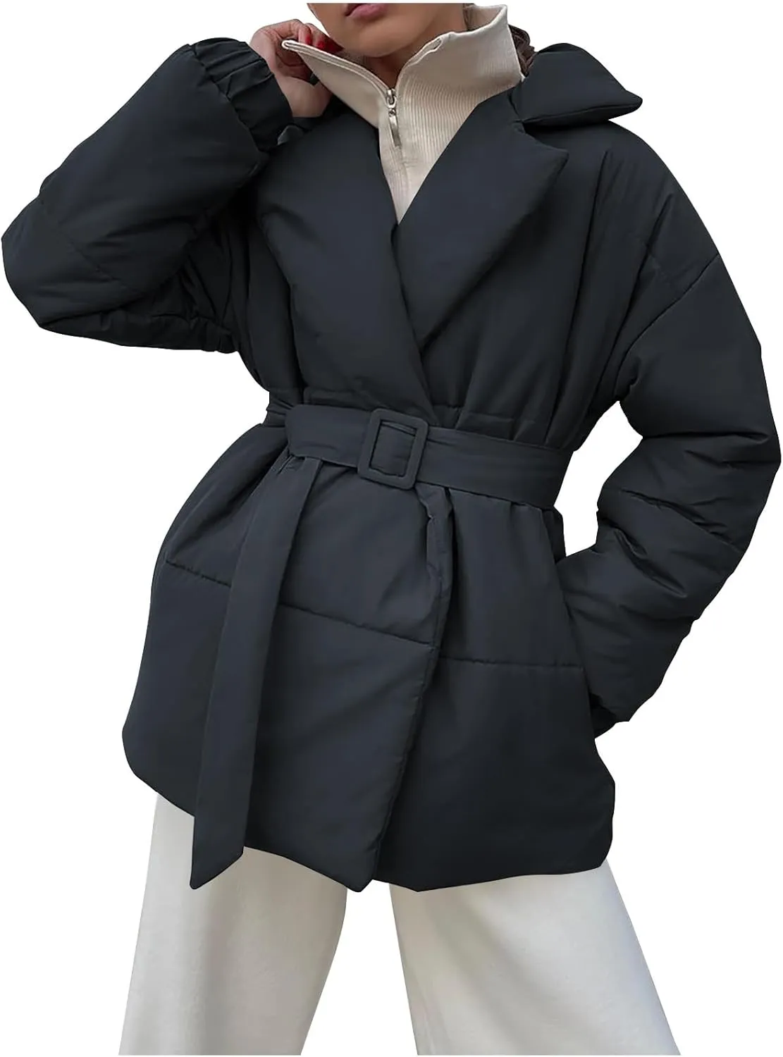 Lightweight Puffer Jacket Women Collared Trendy Puffer Coat Padded Lightweight Quilted Jackets with Belt Casual