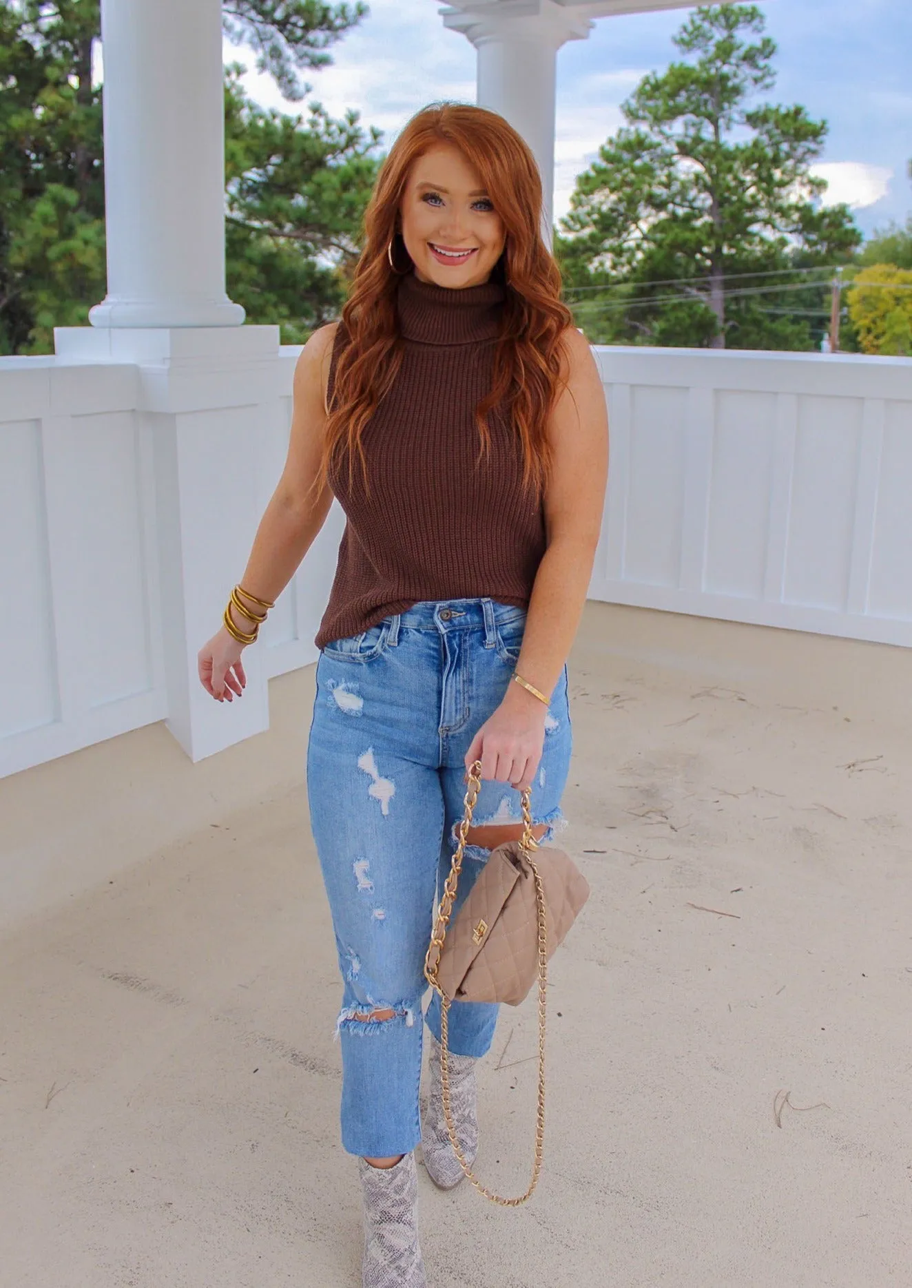 Lillian Turtle Neck Knit Top- Brown