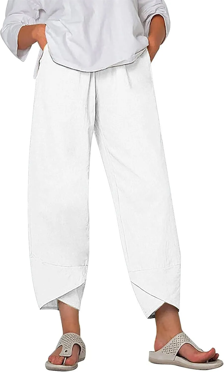 Linen Pants Women Casual Solid Color Summer Pants with Pockets Comfy Loose Elastic Waist Pants