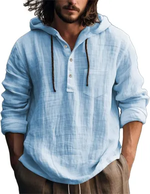 Linen Shirts for Men Lightweight Button Up Long Sleeve Hoodies Sweatshirts Lightweight Hawaiian Beach Hippie Shirt