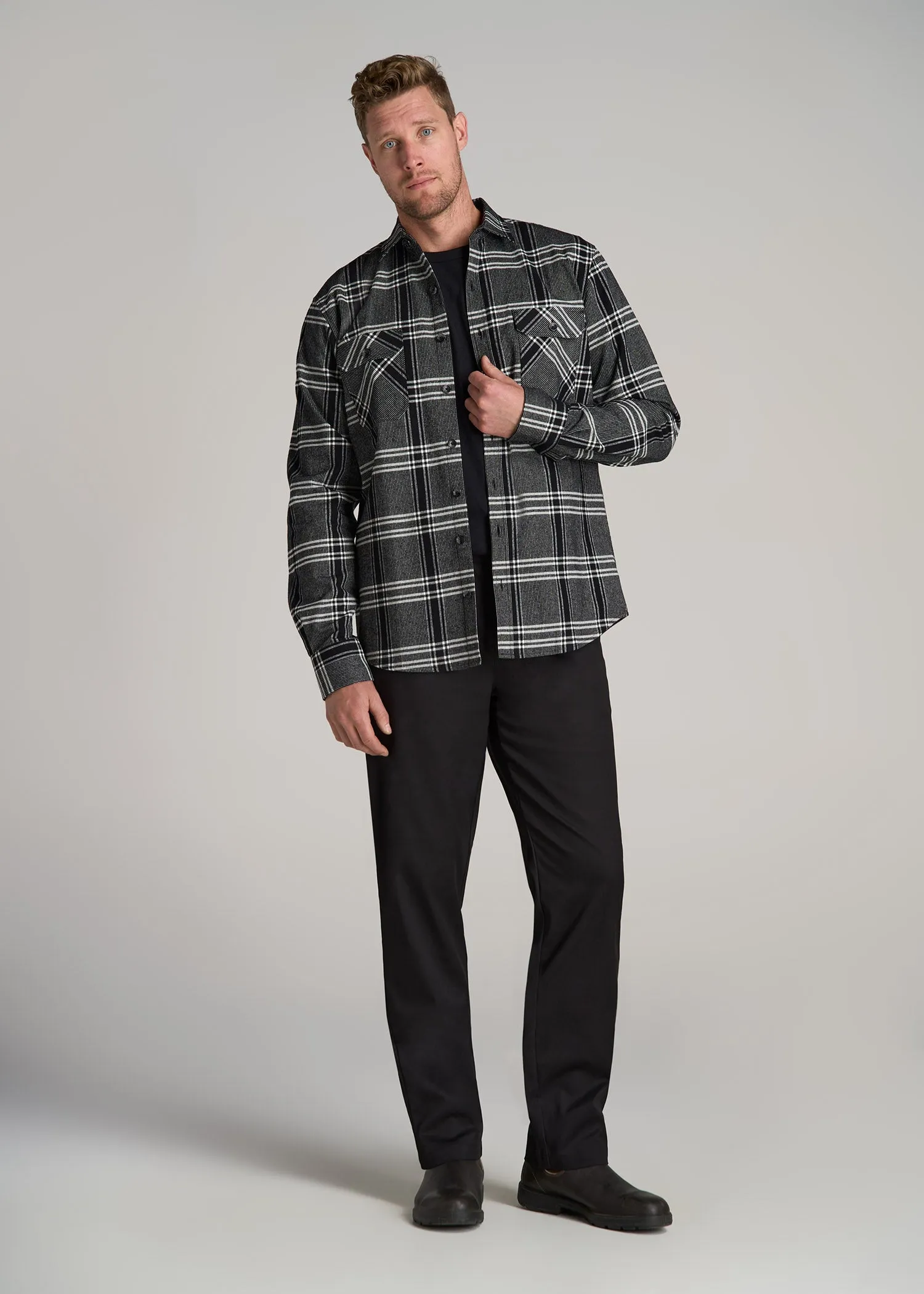 LJ&S Rugged Plaid Shirt Men's in Black and Light Grey Plaid