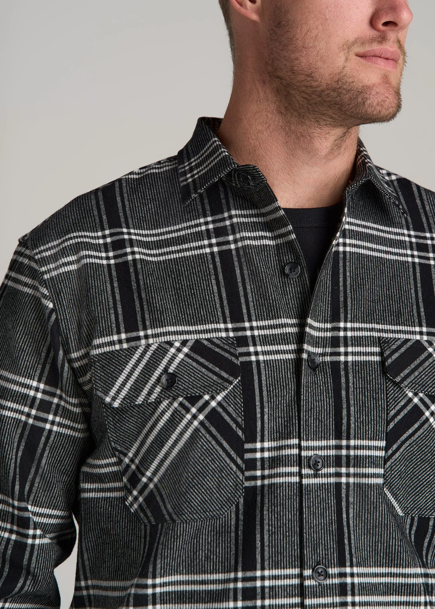 LJ&S Rugged Plaid Shirt Men's in Black and Light Grey Plaid