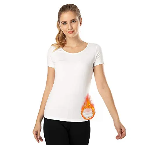 MANCYFIT Thermal Top for Women Fleece Lined Shirt Short Sleeve Base Layer Black X-Small