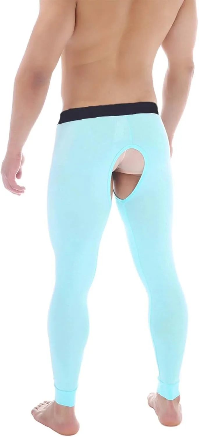 Men Thermal Underwear Bottoms with Open Front Leggings Tights Slim Fit Stretchy Long Johns Compression Pants