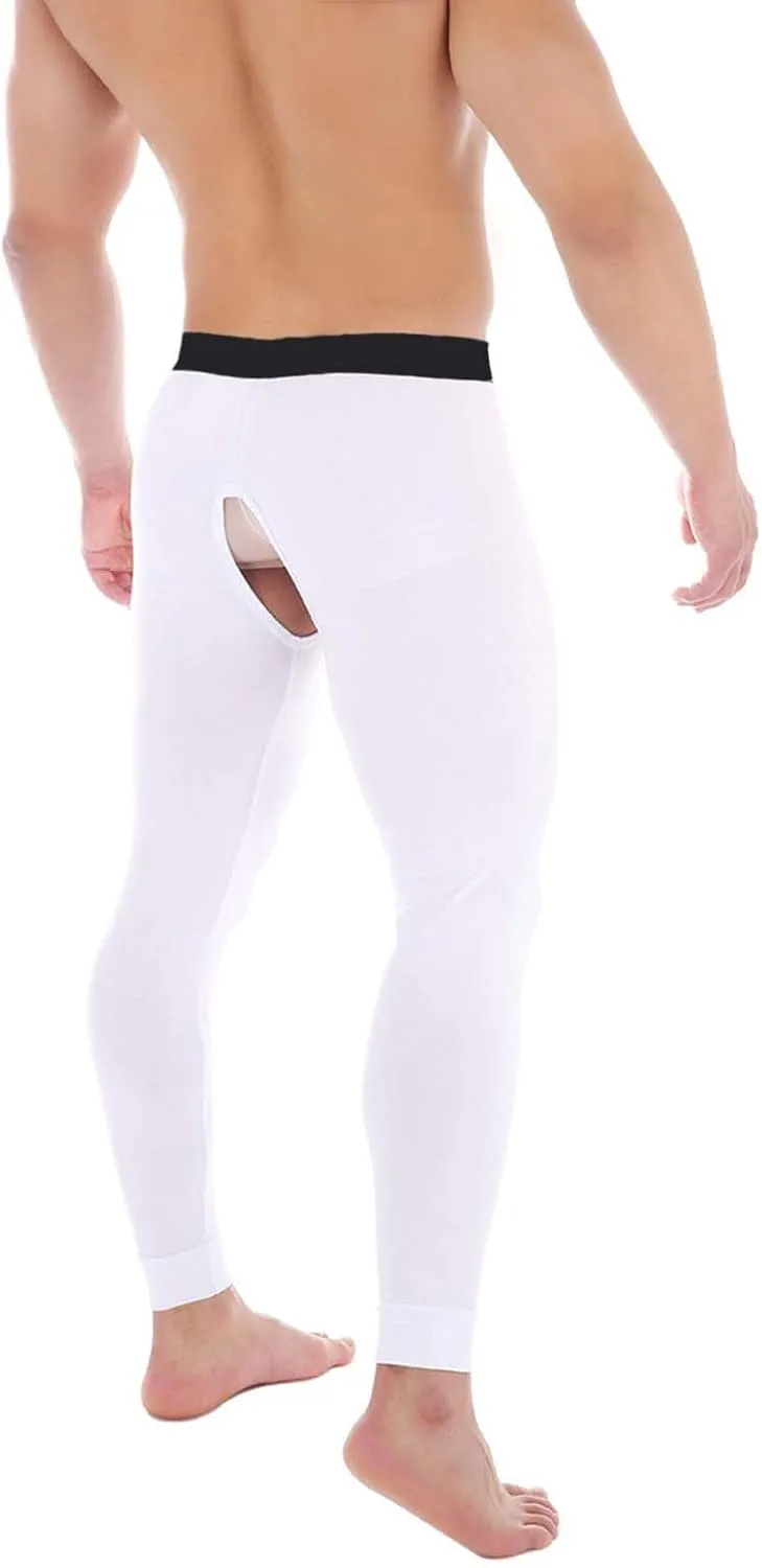Men Thermal Underwear Bottoms with Open Front Leggings Tights Slim Fit Stretchy Long Johns Compression Pants