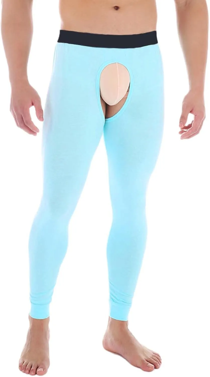 Men Thermal Underwear Bottoms with Open Front Leggings Tights Slim Fit Stretchy Long Johns Compression Pants