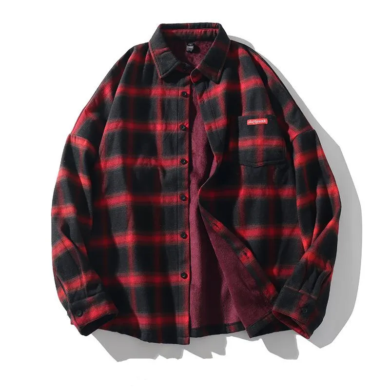Men's Autumn Casual Plaid Long Sleeved Shirt With Velvet