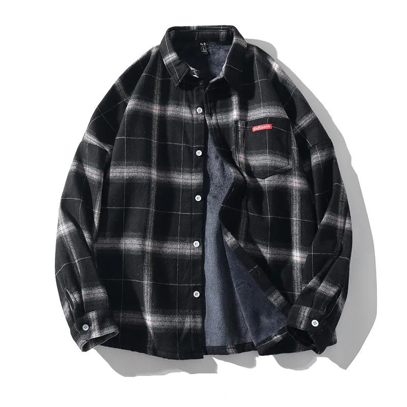 Men's Autumn Casual Plaid Long Sleeved Shirt With Velvet