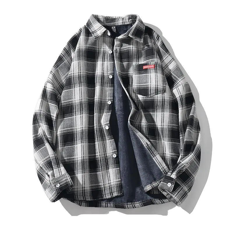 Men's Autumn Casual Plaid Long Sleeved Shirt With Velvet