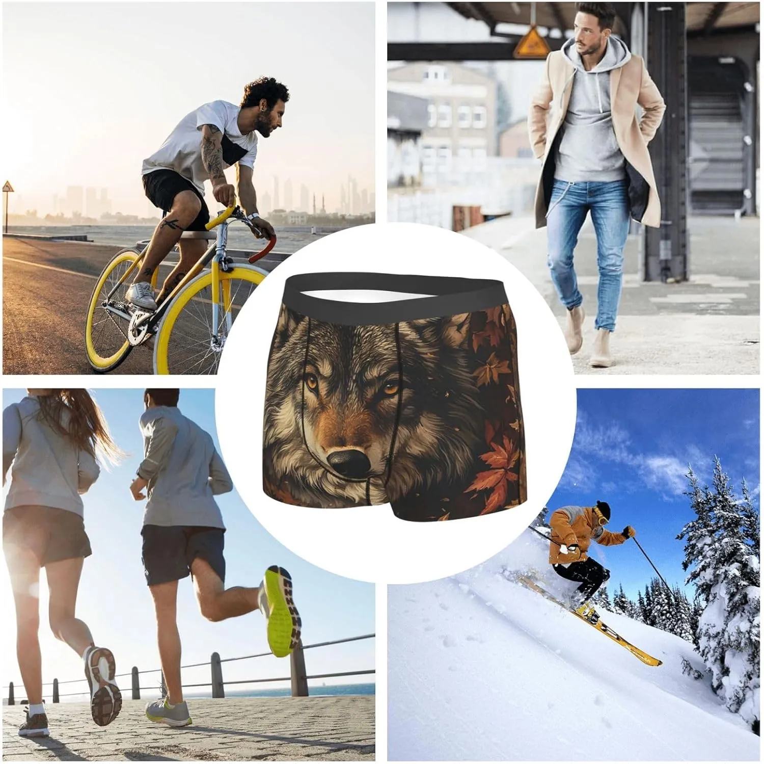 Mens Boxer Briefs Breathable Underwear Comfortable, Wolf Leaves Vintage