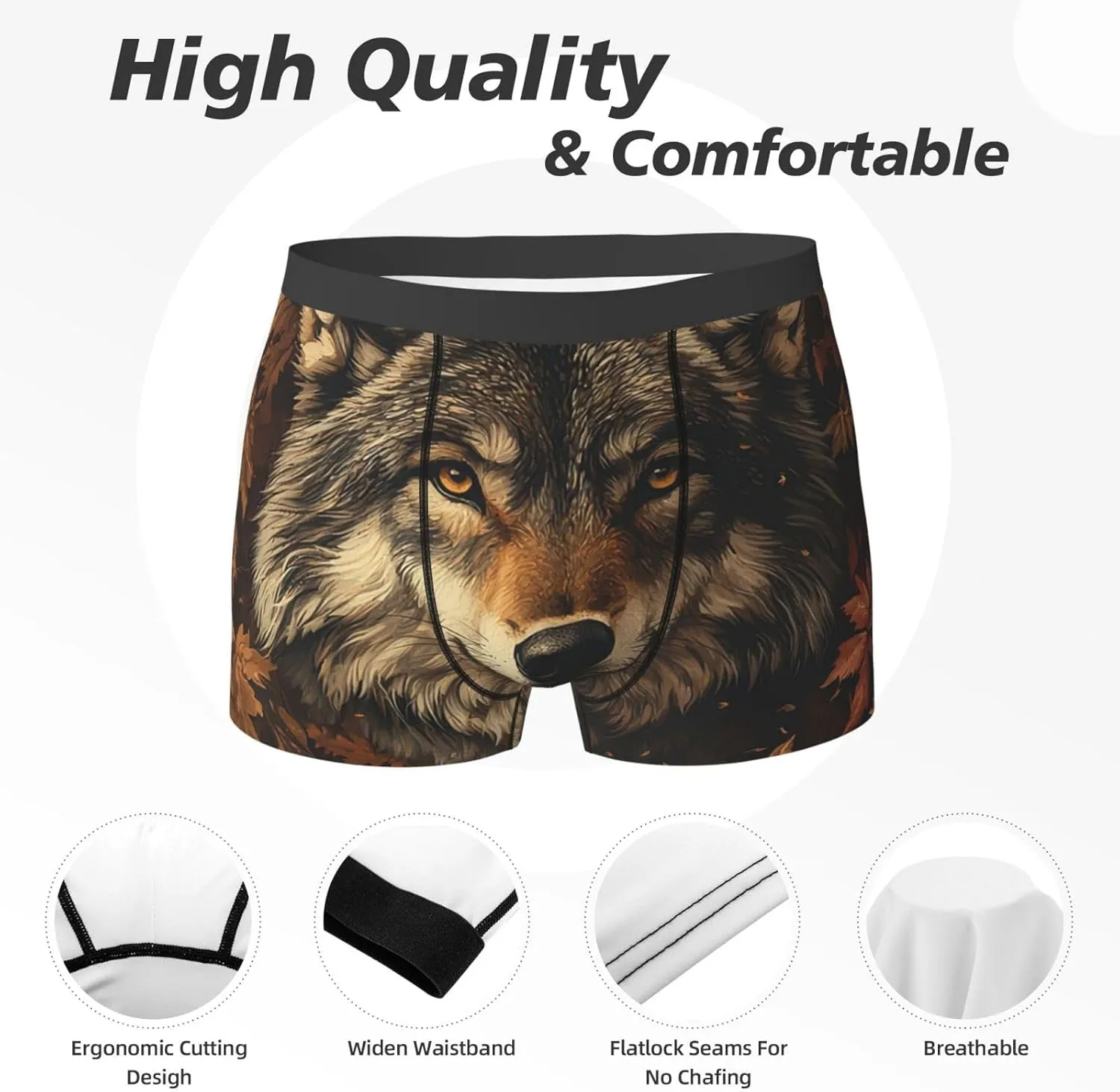 Mens Boxer Briefs Breathable Underwear Comfortable, Wolf Leaves Vintage