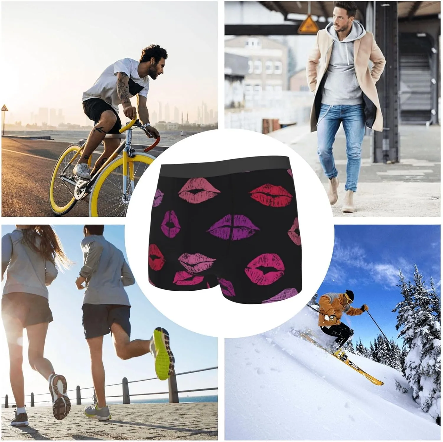 Mens Boxer Briefs Underwear Breathable Stretch Trunk, Lips Kiss