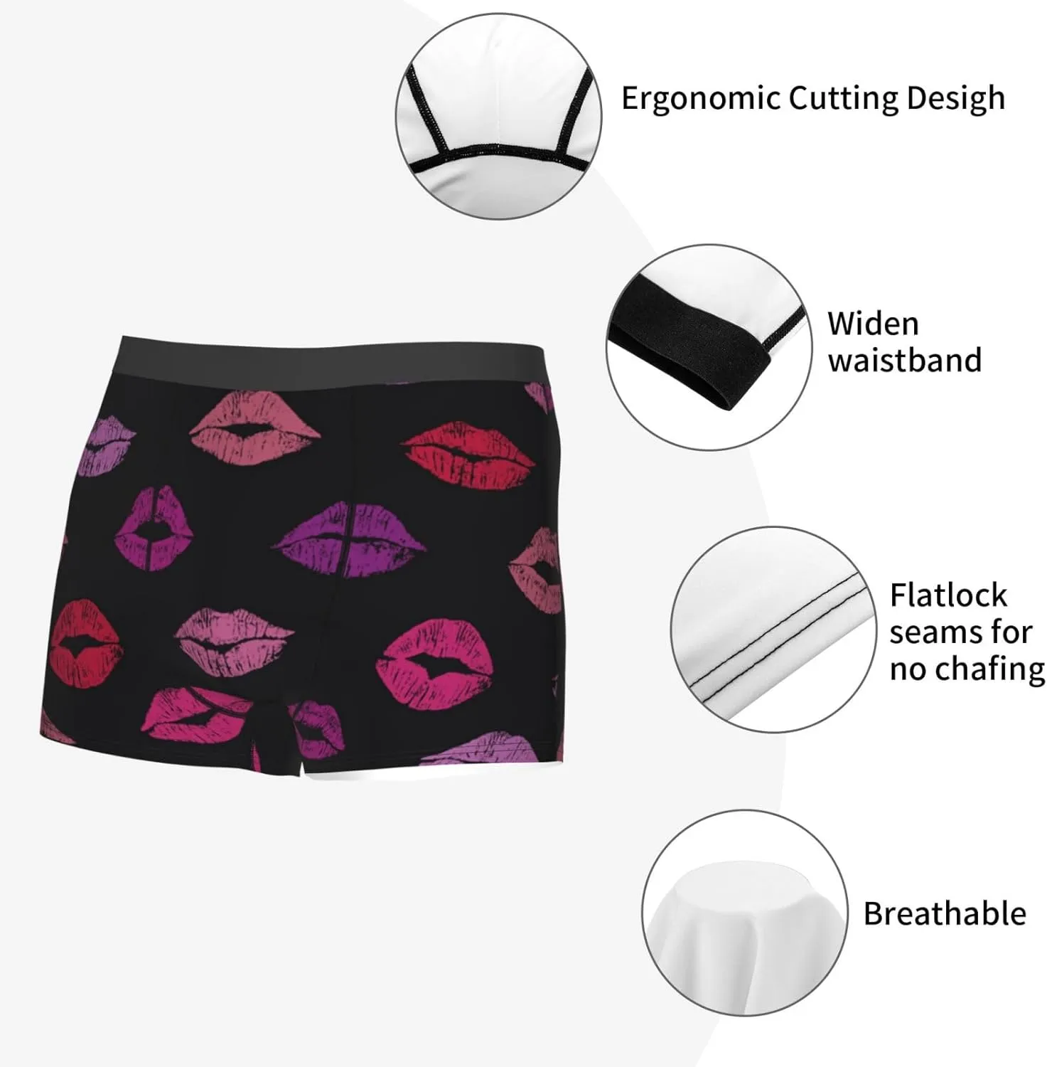 Mens Boxer Briefs Underwear Breathable Stretch Trunk, Lips Kiss