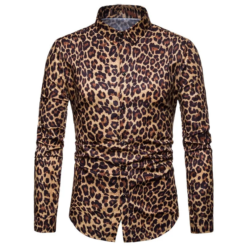 Men's Casual Long Sleeved Shirt With Leopard Print