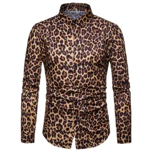 Men's Casual Long Sleeved Shirt With Leopard Print