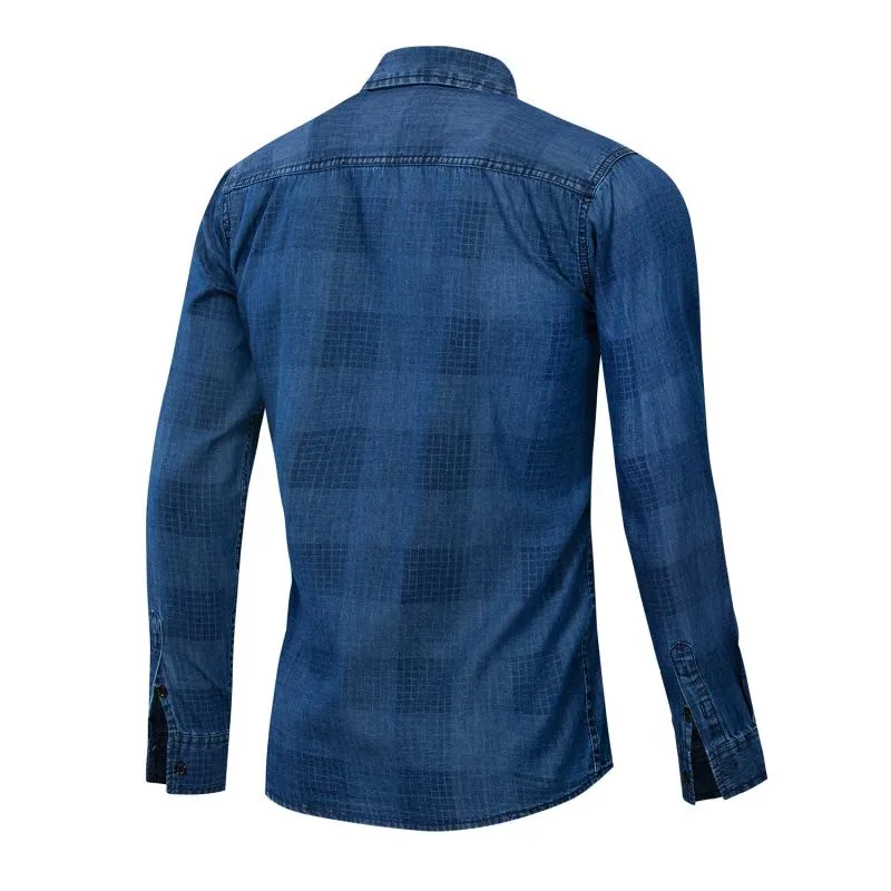 Men's Casual Plaid Long Sleeved Denim Shirt
