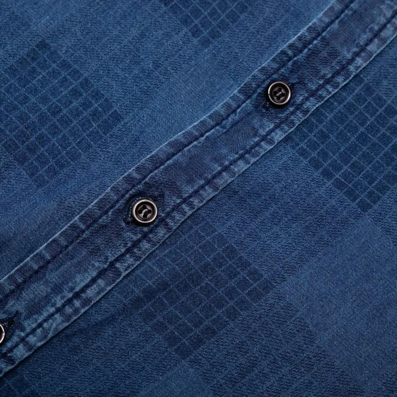 Men's Casual Plaid Long Sleeved Denim Shirt