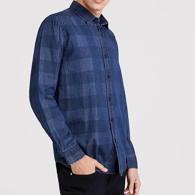 Men's Casual Plaid Long Sleeved Denim Shirt