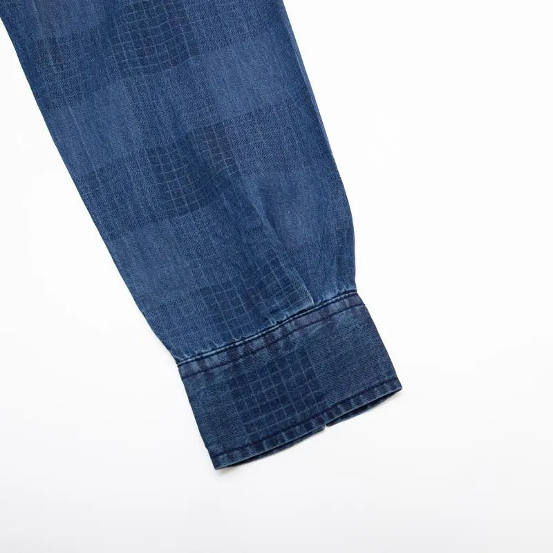 Men's Casual Plaid Long Sleeved Denim Shirt