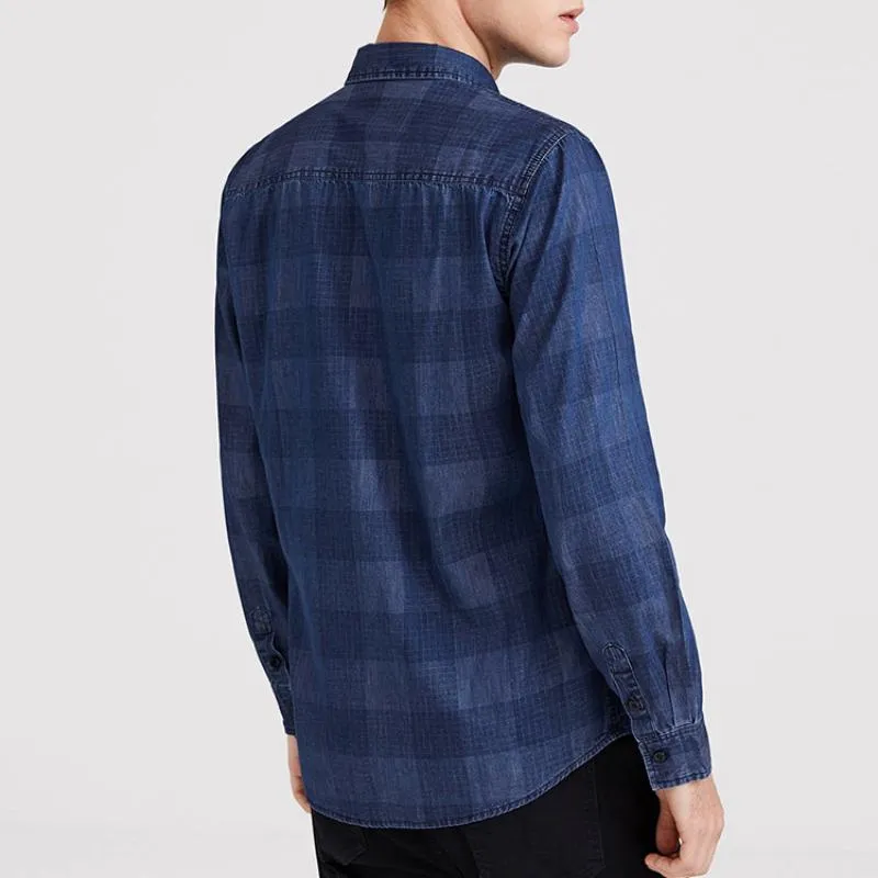 Men's Casual Plaid Long Sleeved Denim Shirt