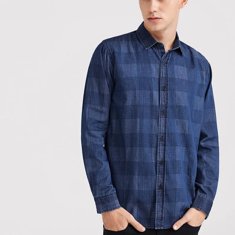 Men's Casual Plaid Long Sleeved Denim Shirt