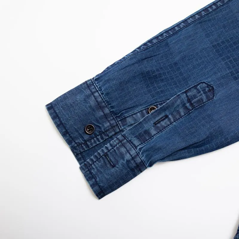 Men's Casual Plaid Long Sleeved Denim Shirt