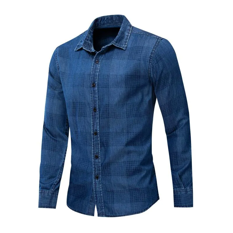 Men's Casual Plaid Long Sleeved Denim Shirt
