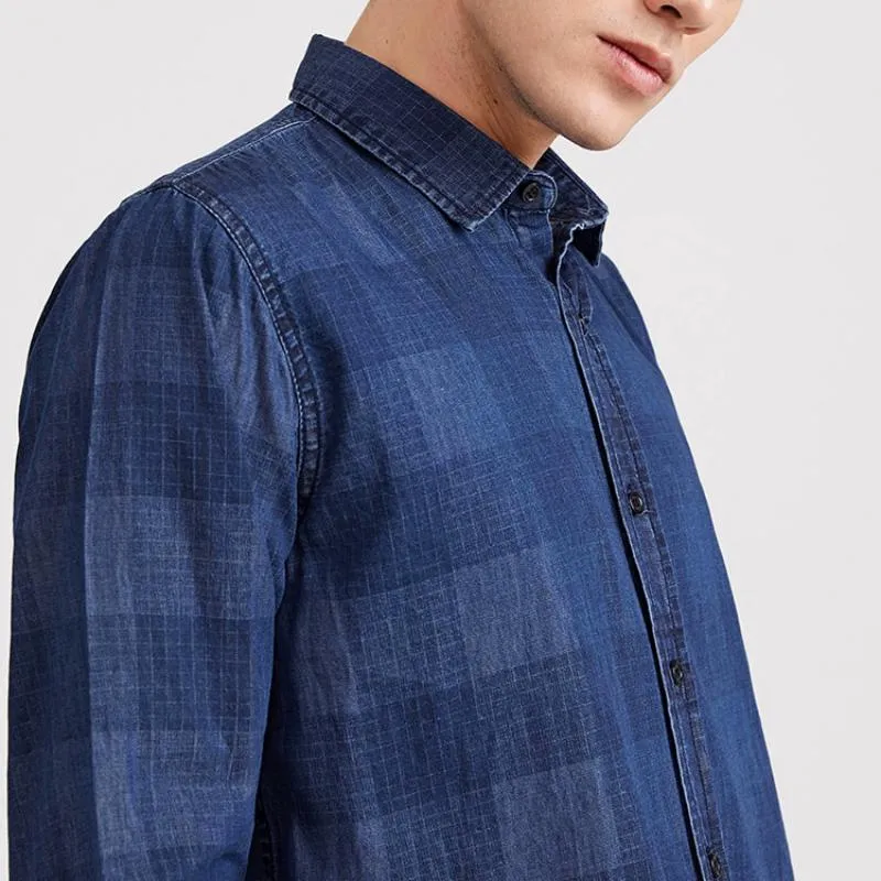 Men's Casual Plaid Long Sleeved Denim Shirt